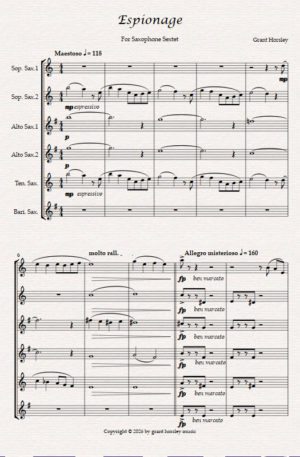 Espionage. For Saxophone Sextet. (2 Sop, 2 Alto, Ten and Bari.)