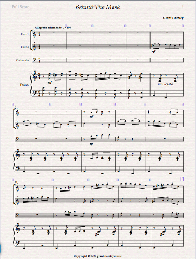 Behind The Mask. For 2 Flutes, Cello and Piano. Behind The Mask. For 2 Flutes, Cello and Piano. - Image 2