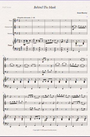 Behind The Mask. For Wind Trio and Piano (Flute, Clarinet Bassoon).
