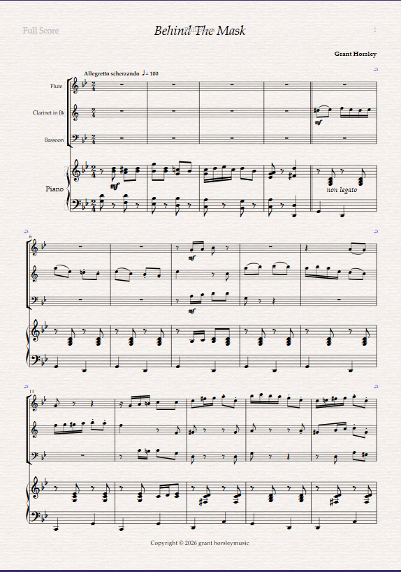 Behind The Mask. For Wind Trio and Piano (Flute, Clarinet Bassoon). Behind The Mask. For Wind Trio and Piano (Flute, Clarinet Bassoon). - Image 2